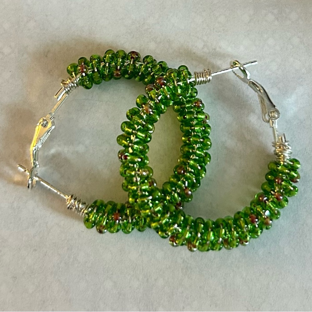 Hand-Beaded 1” Green Hoop Earrings NWOT